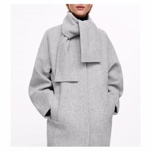 COS Light Grey Winter Cocoon Coat with Scarf Collar - Picture 3 of 4